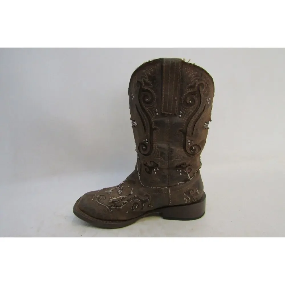 Roper Brand Youth Size 11 M Brown Inlay Cross Studded Cowboy Boots